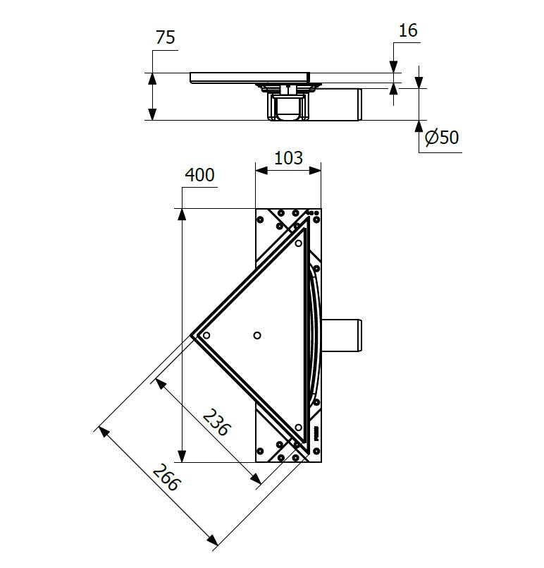 Purus Corner Tile Insert, szerelőkészlettel - 59 mm szerkezeti magasságú összefolyó, Ø 50 mm-es vízszintes kifolyócsonkkal