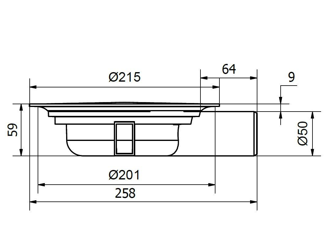 Minimax S-Serie csekély, 59 mm magasságú, Ø 50 mm-es vízszintes kifolyócsonkkal készülő padlóösszefolyó