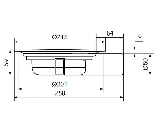 Minimax S-Serie csekély, 59 mm magasságú, Ø 50 mm-es vízszintes kifolyócsonkkal készülő padlóösszefolyó