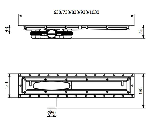 Purus Line Vinyl Plus 600, 83 mm szerkezeti magasságú folyóka, Ø 50 mm-es vízszintes kifolyócsonkkal