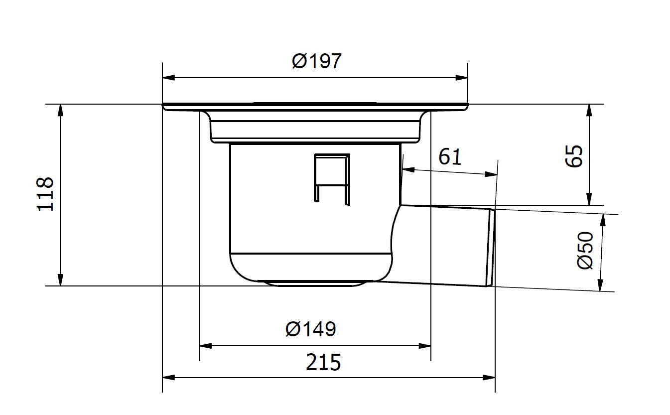 Mini Oden 50, Ø 50 mm-es oldalsó kifolyócsonkkal készülő padlóösszefolyó