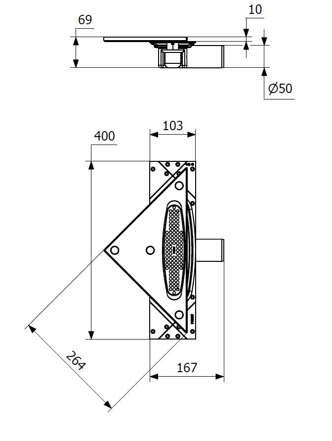 Purus Corner, 59 mm szerkezeti magasságú összefolyó, Ø 50 mm-es vízszintes kifolyócsonkkal