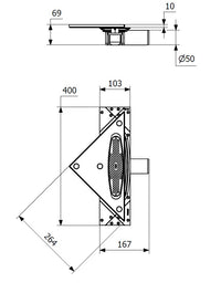 Purus Corner, 59 mm szerkezeti magasságú összefolyó, Ø 50 mm-es vízszintes kifolyócsonkkal