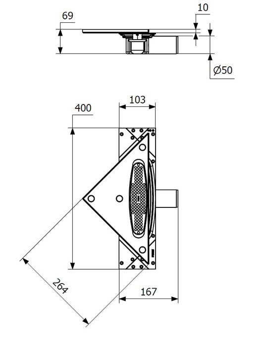 Purus Corner, 59 mm szerkezeti magasságú összefolyó, Ø 50 mm-es vízszintes kifolyócsonkkal