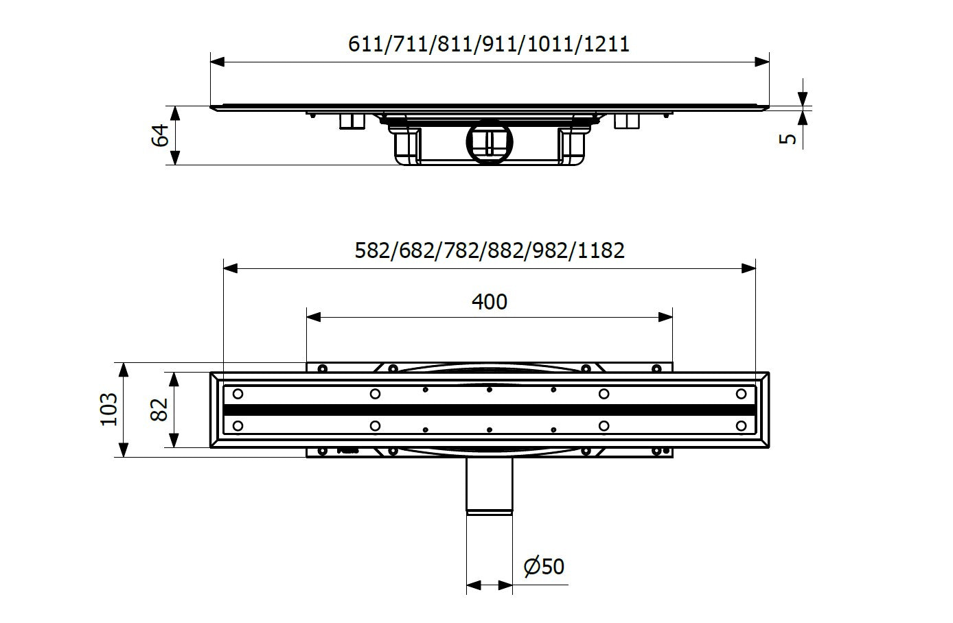 Purus Line Premium 700, nagyon csekély 59 mm szerkezeti magasságú folyóka, Ø 50 mm-es vízszintes kifolyócsonkkal