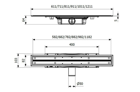 Purus Line Premium 1200, nagyon csekély 59 mm szerkezeti magasságú folyóka, Ø 50 mm-es vízszintes kifolyócsonkkal