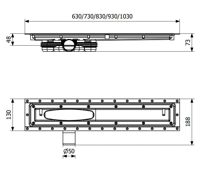 Purus Line Vinyl Plus 600, 83 mm szerkezeti magasságú folyóka, Ø 50 mm-es vízszintes kifolyócsonkkal